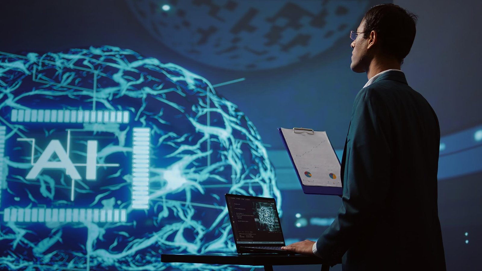 A man in a suit stands before a computer screen displaying an AI logo, representing AI Data Integration.