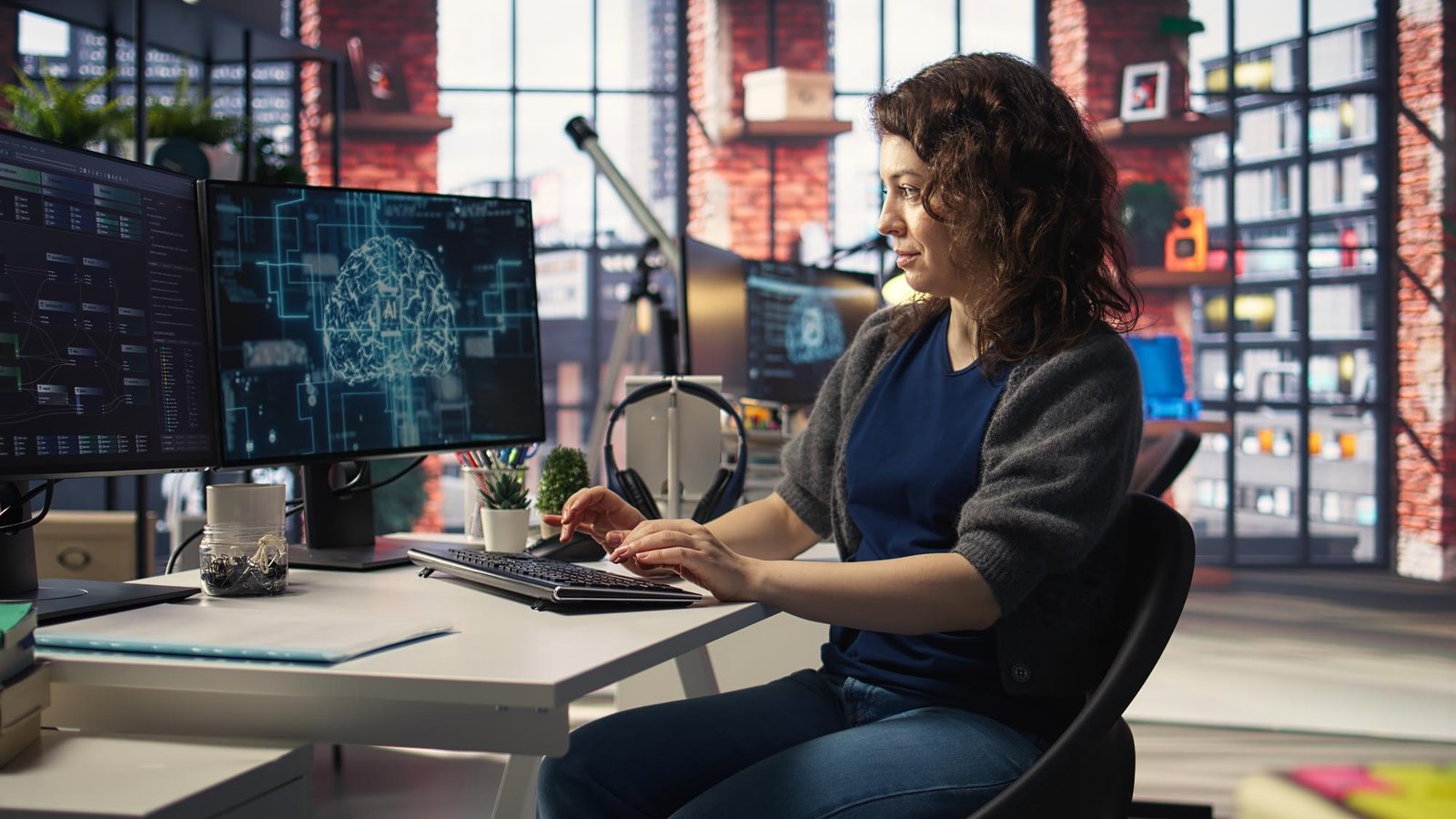 A woman seated at a desk with two computer monitors, involved in Copilot adoption services in New Jersey.